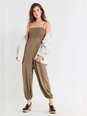 Urban Outfitters Olive Smocked Tie-Strap Jumpsuit